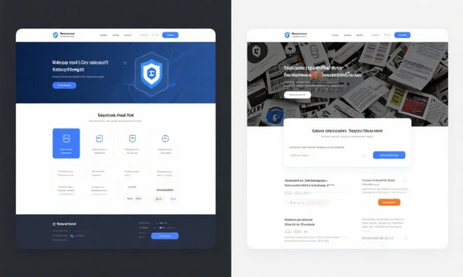 用户对比两个网站页面，一个正规美观，一个设计粗糙排版混乱，突出安全与风险对比